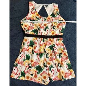 Nicole By Nicole Miller Sz 14 Artsy Floral Pink Flamingo Pockets Women's Romper